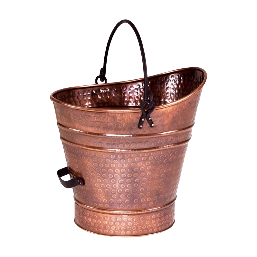 Hammered copper coal hod with black iron bail handle and side grip, designed for stoves and hearth accessories, featured in Best Sellers and Promo Eligible collections.