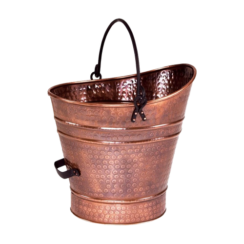 Hammered copper coal hod with black iron bail handle and side grip, designed for stoves and hearth accessories, featured in Best Sellers and Promo Eligible collections.