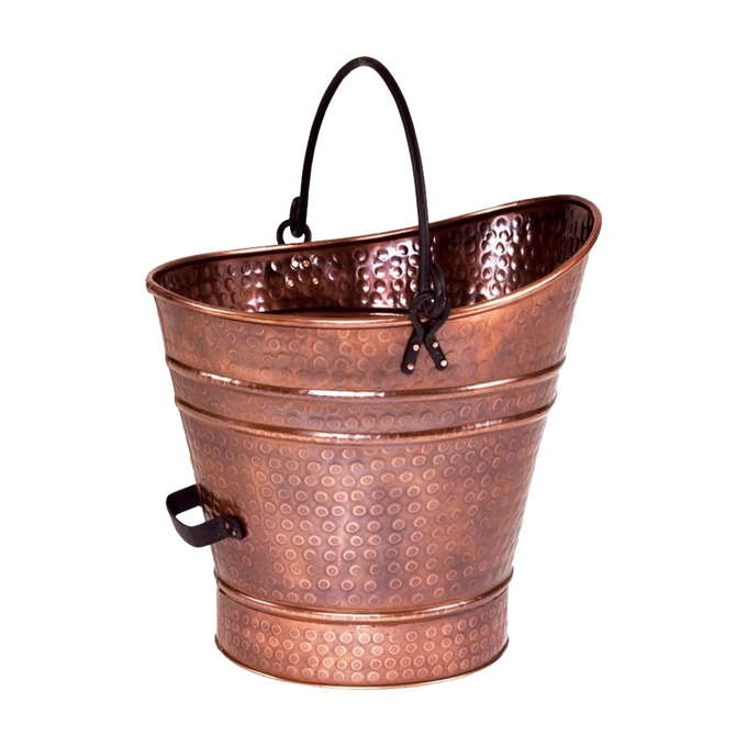 Hammered copper coal hod with black iron bail handle and side grip, designed for stoves and hearth accessories, featured in Best Sellers and Promo Eligible collections.