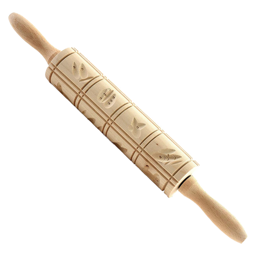 Wooden springerle rolling pin with machine-carved traditional cookie patterns, handcrafted for baking decorative cookies, ideal for Kitchen & Food, Cookware, Baking Supplies, and Best Sellers collections.
