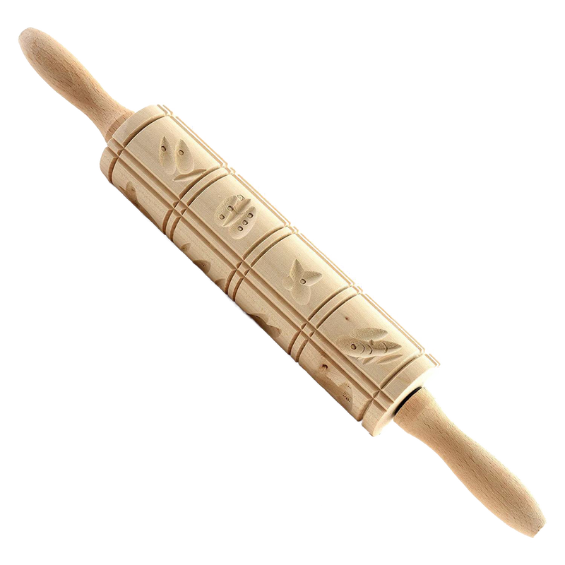 Wooden springerle rolling pin with machine-carved traditional cookie patterns, handcrafted for baking decorative cookies, ideal for Kitchen & Food, Cookware, Baking Supplies, and Best Sellers collections.