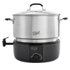 Electric water bath canner with stainless steel pot and clear lid, featuring digital timer and control knob, ideal for kitchen food preservation and water bath canning tasks