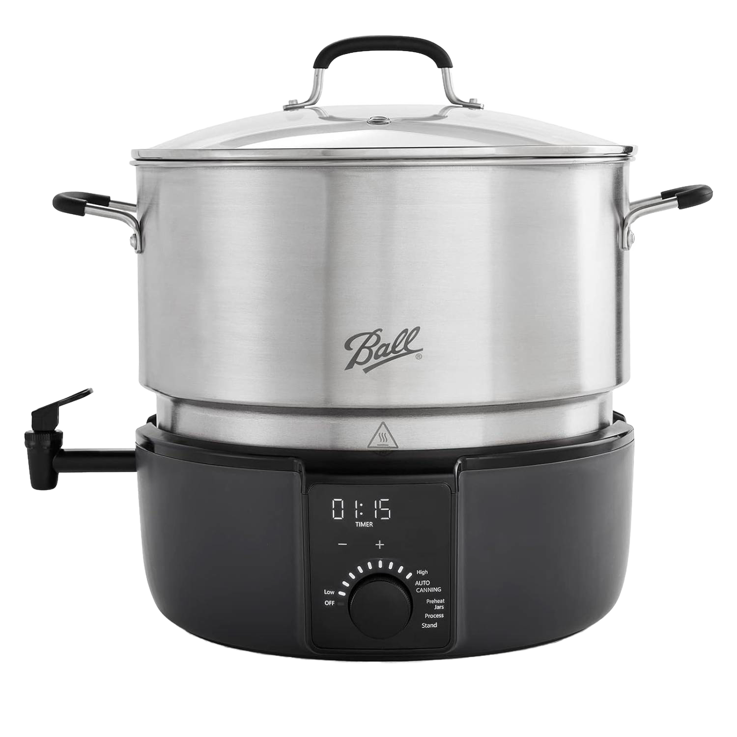 Electric water bath canner with stainless steel pot and clear lid, featuring digital timer and control knob, ideal for kitchen food preservation and water bath canning tasks