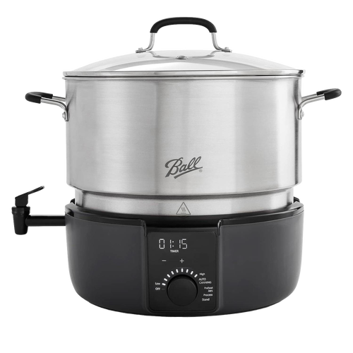 Electric water bath canner with stainless steel pot and clear lid, featuring digital timer and control knob, ideal for kitchen food preservation and water bath canning tasks