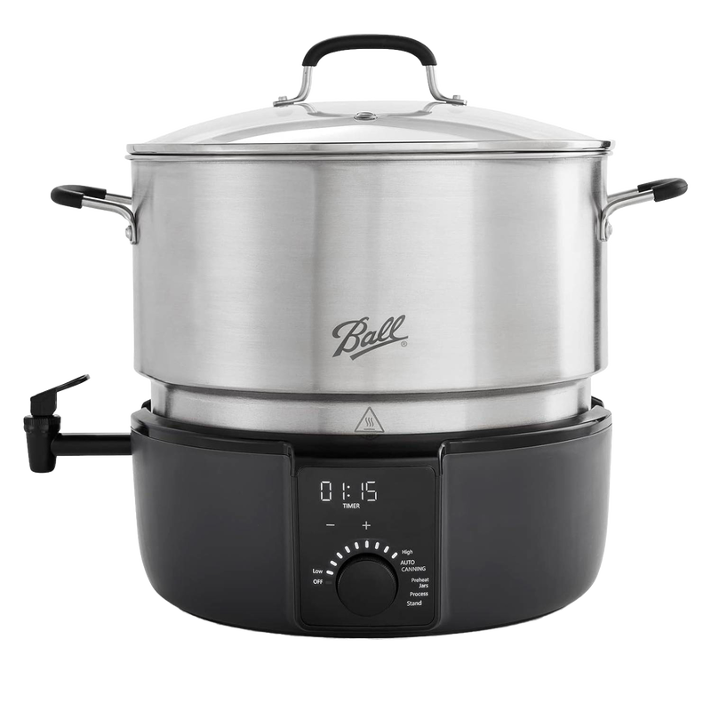 Electric water bath canner with stainless steel pot and clear lid, featuring digital timer and control knob, ideal for kitchen food preservation and water bath canning tasks