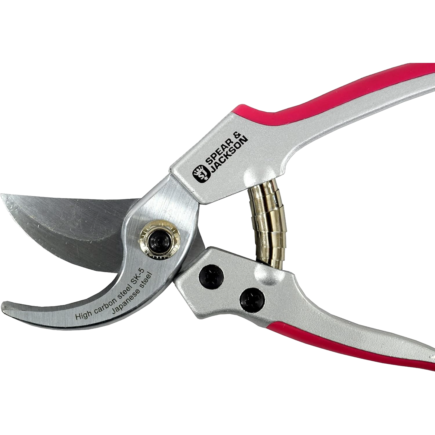 Close-up of a silver and pink bypass pruner with stainless steel blades and ergonomic handles, designed for precise trimming in Farm, Garden & Tool and Garden Accessories collections.