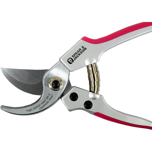 Close-up of a silver and pink bypass pruner with stainless steel blades and ergonomic handles, designed for precise trimming in Farm, Garden & Tool and Garden Accessories collections.