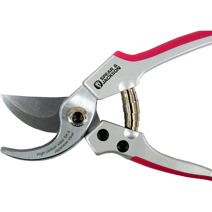 Close-up of a silver and pink bypass pruner with stainless steel blades and ergonomic handles, designed for precise trimming in Farm, Garden & Tool and Garden Accessories collections.