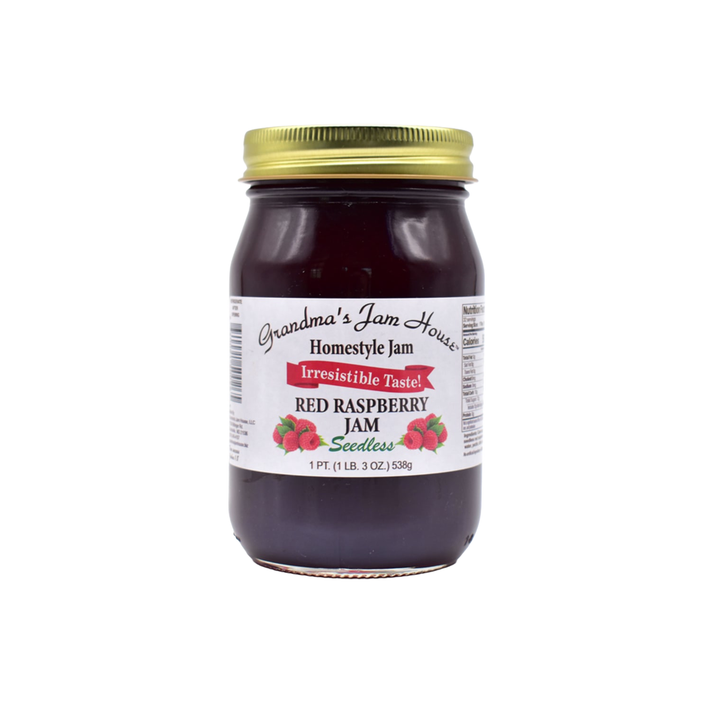 Handcrafted jar of seedless red raspberry jam with gold lid and white label featuring raspberry illustrations and "Irresistible Taste" banner, made in USA, ideal for Kitchen & Food, Pantry, Peanut Butter & Jellies, Best Sellers, and Promo Eligible collections.