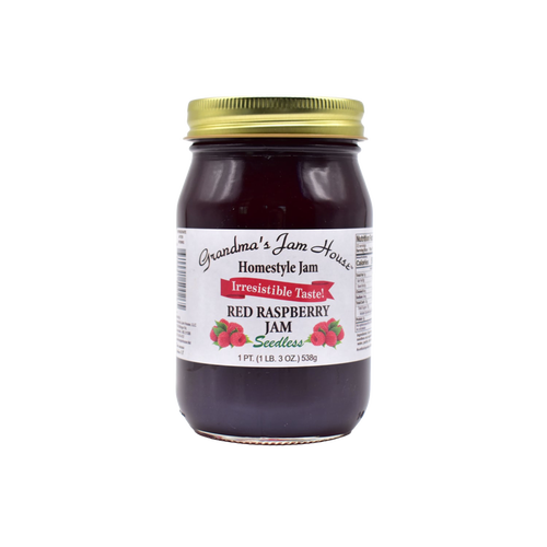 Handcrafted jar of seedless red raspberry jam with gold lid and white label featuring raspberry illustrations and "Irresistible Taste" banner, made in USA, ideal for Kitchen & Food, Pantry, Peanut Butter & Jellies, Best Sellers, and Promo Eligible collections.