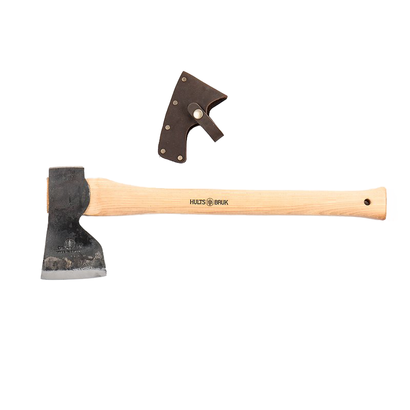 Handmade carpenter axe with wooden handle and forged steel head, including a protective leather sheath, ideal for woodworking in farm and garden tool collections.