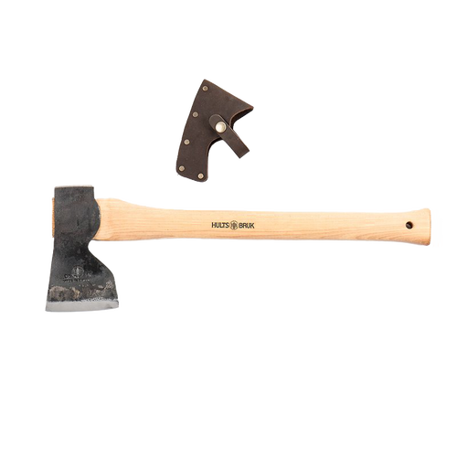 Handmade carpenter axe with wooden handle and forged steel head, including a protective leather sheath, ideal for woodworking in farm and garden tool collections.
