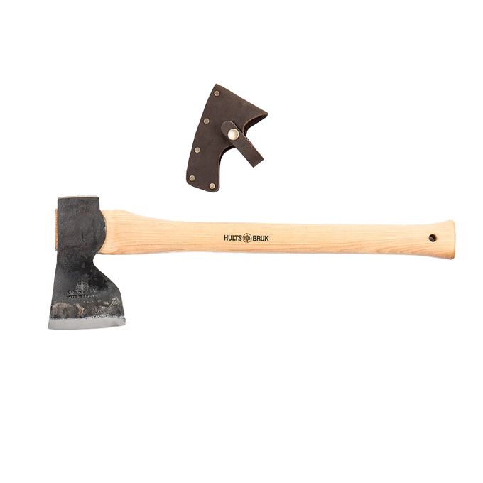 Handmade carpenter axe with wooden handle and forged steel head, including a protective leather sheath, ideal for woodworking in farm and garden tool collections.