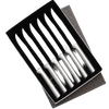 Set of six stainless steel steak knives with straight sharp blades and smooth contoured handles, presented in a sleek gift box, ideal for kitchen and food prep tasks.