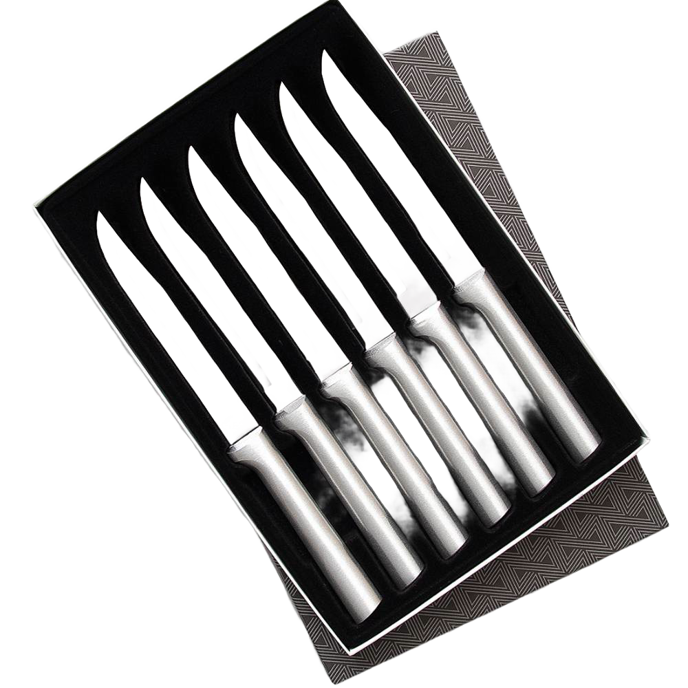 Set of six stainless steel steak knives with straight sharp blades and smooth contoured handles, presented in a sleek gift box, ideal for kitchen and food prep tasks.