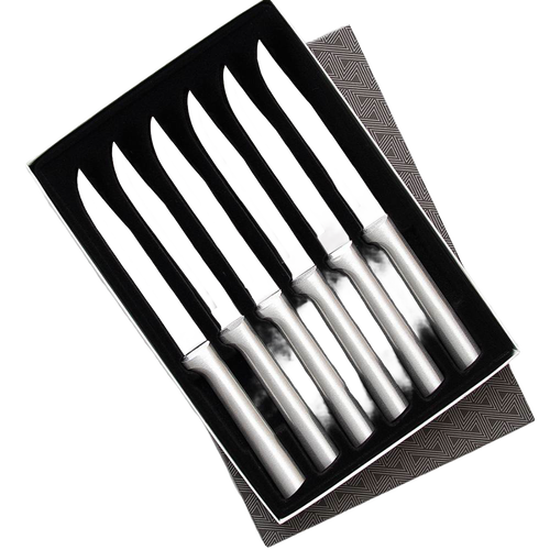 Set of six stainless steel steak knives with straight sharp blades and smooth contoured handles, presented in a sleek gift box, ideal for kitchen and food prep tasks.