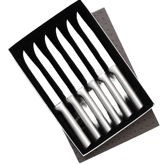 Set of six stainless steel steak knives with straight sharp blades and smooth contoured handles, presented in a sleek gift box, ideal for kitchen and food prep tasks.