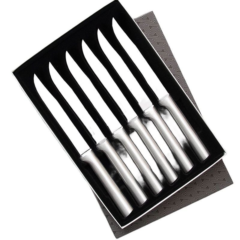 Set of six stainless steel steak knives with straight sharp blades and smooth contoured handles, presented in a sleek gift box, ideal for kitchen and food prep tasks.