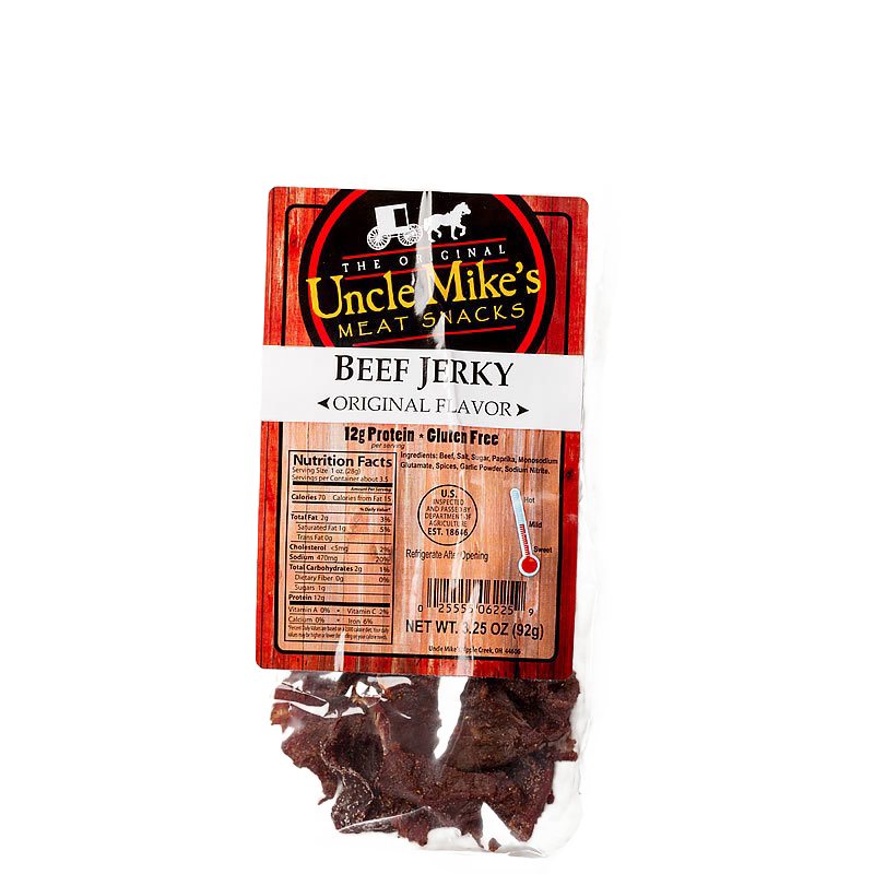 Resealable package of original flavor beef jerky with clear window showing dark, seasoned strips, highlighting a handcrafted, protein-rich snack made in USA for Kitchen & Food and Meats collections.