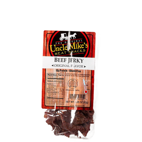 Resealable package of original flavor beef jerky with clear window showing dark, seasoned strips, highlighting a handcrafted, protein-rich snack made in USA for Kitchen & Food and Meats collections.