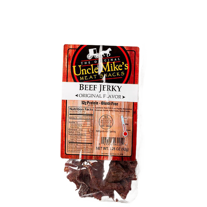 Resealable package of original flavor beef jerky with clear window showing dark, seasoned strips, highlighting a handcrafted, protein-rich snack made in USA for Kitchen & Food and Meats collections.