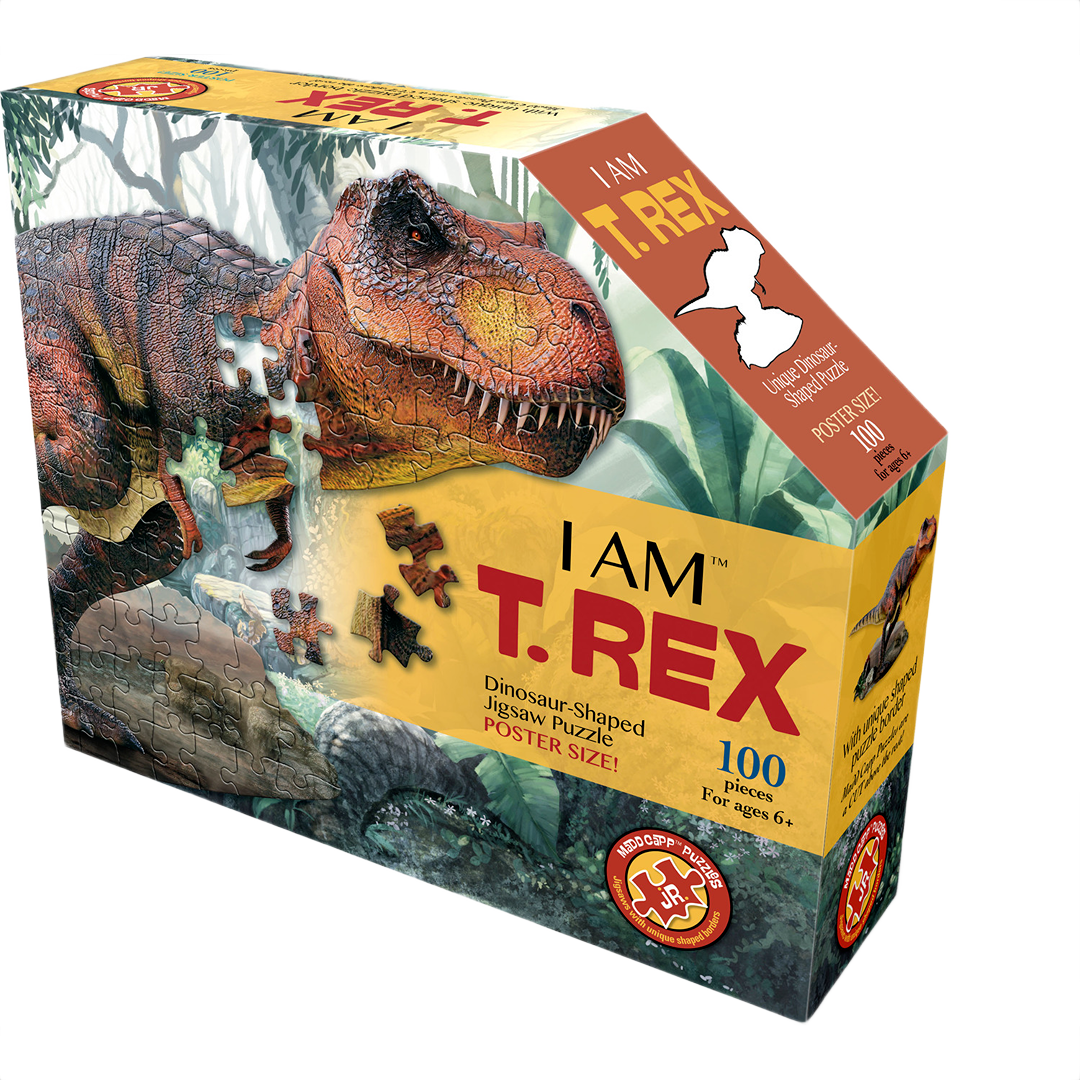 Handcrafted dinosaur-shaped 100-piece jigsaw puzzle featuring T-Rex illustration with fun facts, designed for children's toys and puzzle collections within Toys, Books & Games.