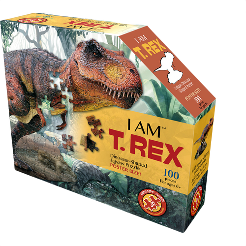 Handcrafted dinosaur-shaped 100-piece jigsaw puzzle featuring T-Rex illustration with fun facts, designed for children's toys and puzzle collections within Toys, Books & Games.