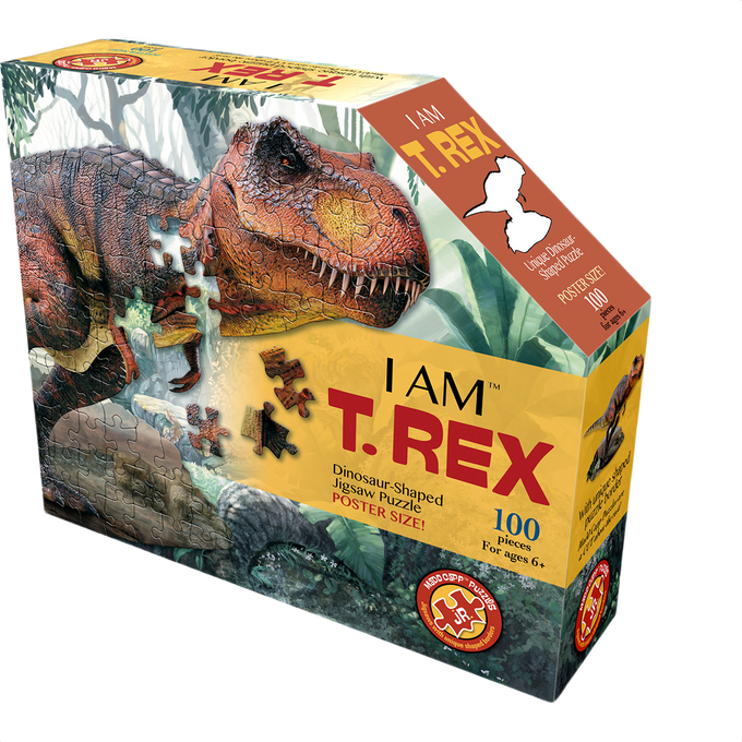 Handcrafted dinosaur-shaped 100-piece jigsaw puzzle featuring T-Rex illustration with fun facts, designed for children's toys and puzzle collections within Toys, Books & Games.
