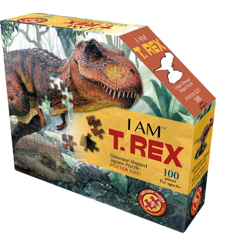 Handcrafted dinosaur-shaped 100-piece jigsaw puzzle featuring T-Rex illustration with fun facts, designed for children's toys and puzzle collections within Toys, Books & Games.