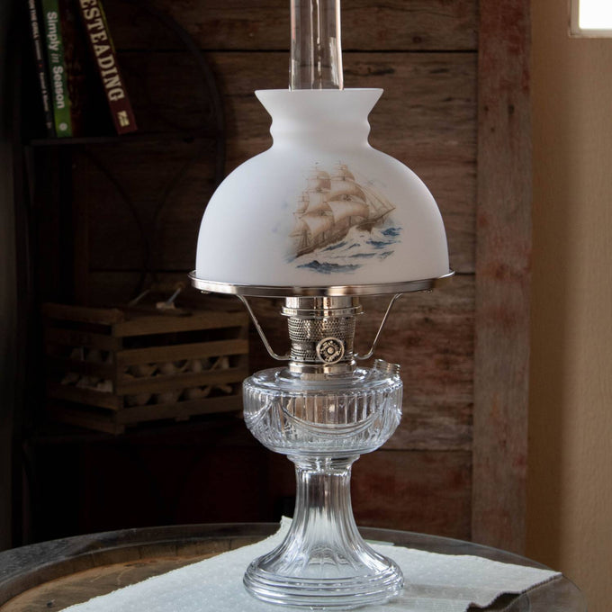 Handcrafted glass oil lamp shade featuring a detailed sailing ship on frosted white glass, designed for lamps with Aladdin 10" shade rings, ideal for Lamps & Lighting and Parts and Accessories collections.