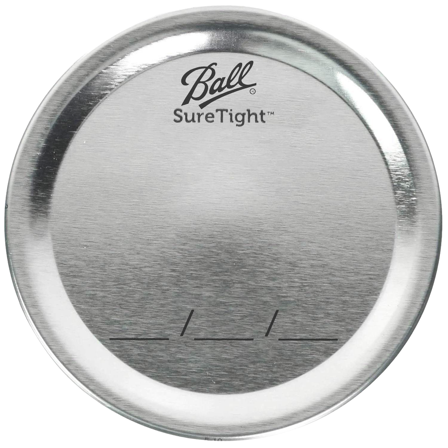 Silver-toned metal canning lid with Ball SureTight logo and date marking lines, designed for food preservation, part of Kitchen & Food and USA Made collections.