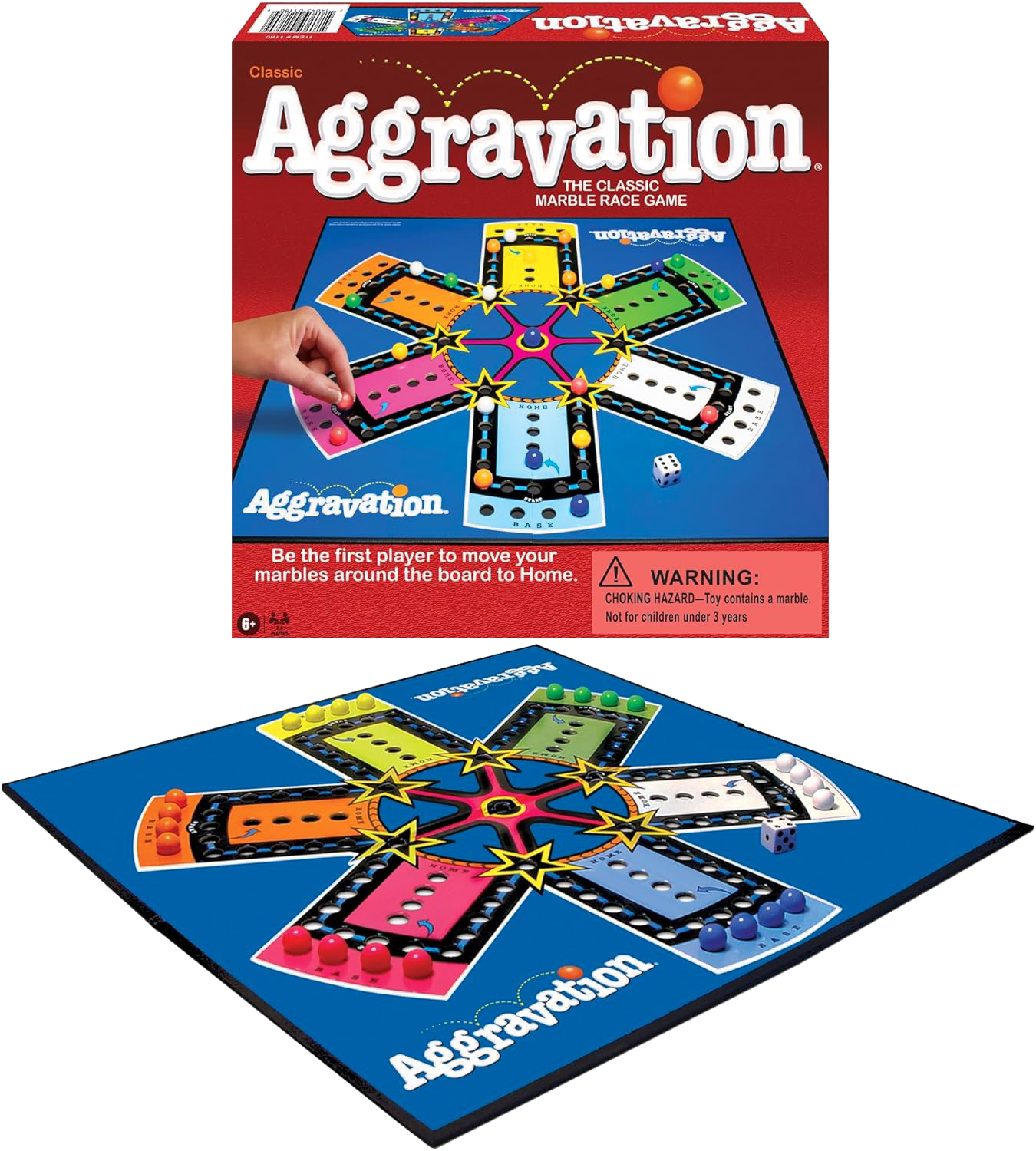 Aggravation board game featuring a colorful star-shaped marble race track with six player areas, dice, and marbles, part of Toys, Books & Games, Children's Toys, and Table and Board Games collections.