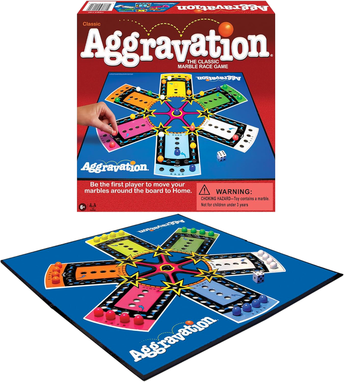 Aggravation board game featuring a colorful star-shaped marble race track with six player areas, dice, and marbles, part of Toys, Books & Games, Children's Toys, and Table and Board Games collections.