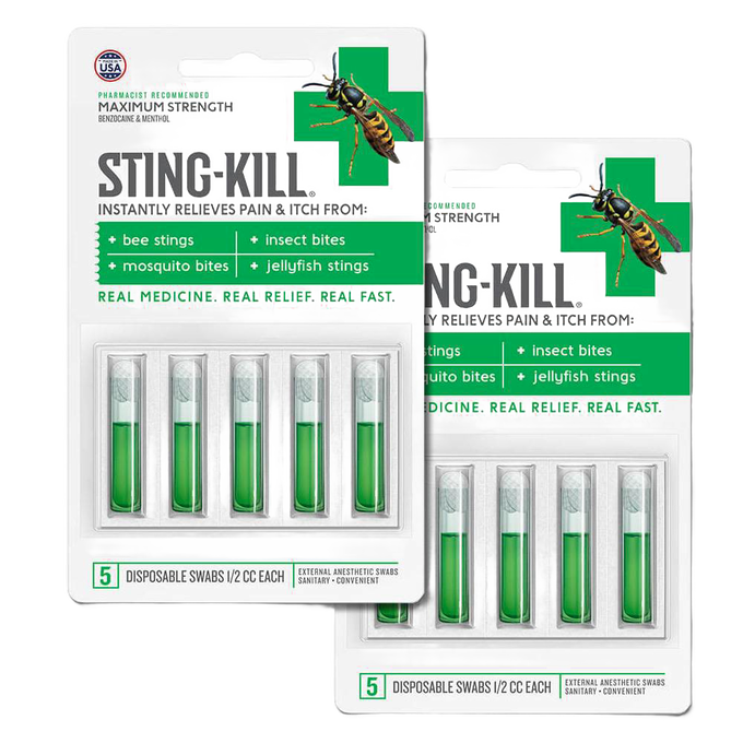Two packs of disposable swabs with benzocaine and menthol for fast relief from bee stings, mosquito bites, insect bites, and jellyfish stings, crafted in USA, featured in Health & Wellness, Camping, and Best Sellers collections.