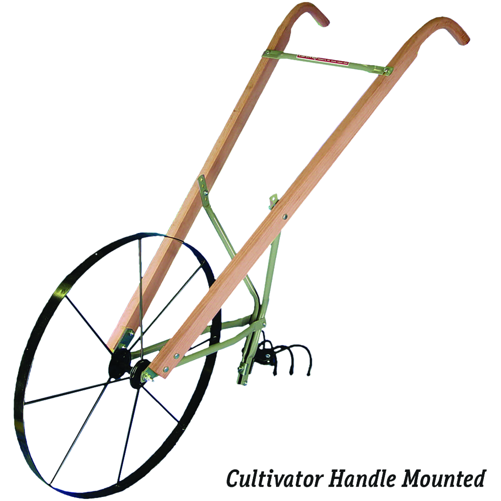 Amish handcrafted plow and cultivator handles made from durable #1 grade hardwood with a smooth finish, mounted on a green metal frame with a large spoked wheel, featured in Farm, Garden & Tool, Digging and Cultivating, Best Sellers, and Promo Eligible collections.