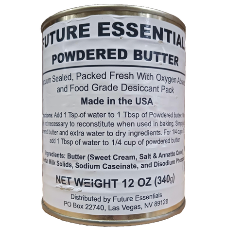 12 oz metal can of powdered butter sealed with oxygen absorber and desiccant, made in USA, ideal for Farm, Garden & Tool, Kitchen & Food, Emergency Supplies, Pantry, and Best Sellers collections.