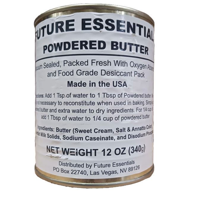 12 oz metal can of powdered butter sealed with oxygen absorber and desiccant, made in USA, ideal for Farm, Garden & Tool, Kitchen & Food, Emergency Supplies, Pantry, and Best Sellers collections.