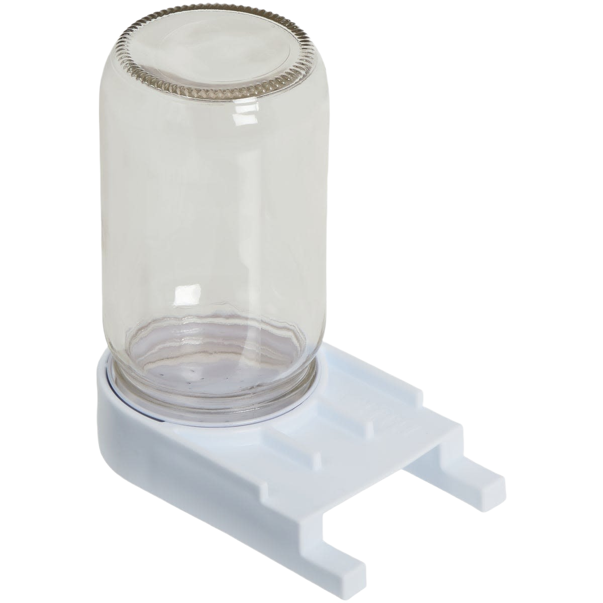 Clear glass jar feeder with a high-impact white plastic base designed for easy access inside beehives, handcrafted and made in USA for farm and garden use.