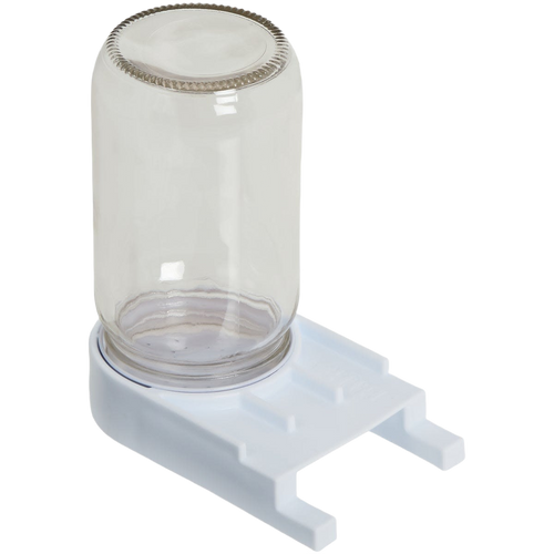 Clear glass jar feeder with a high-impact white plastic base designed for easy access inside beehives, handcrafted and made in USA for farm and garden use.