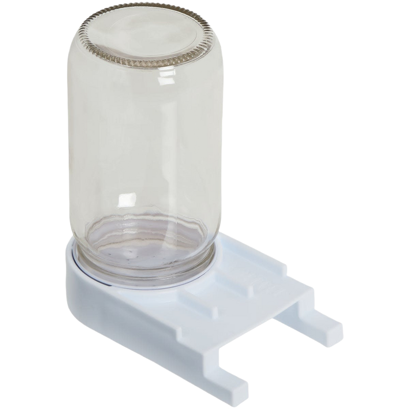 Clear glass jar feeder with a high-impact white plastic base designed for easy access inside beehives, handcrafted and made in USA for farm and garden use.