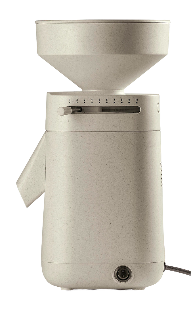 Beige electric stone grain mill with a wide top hopper and adjustable settings lever, designed for effortless home flour milling, featured in Kitchen & Food and Grain Mills collections.