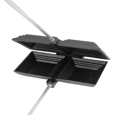 Double-compartment cast iron cooking iron with removable handles and hinged design for easy cleaning, ideal for campfire cooking in Farm, Garden & Tool and Camping collections.