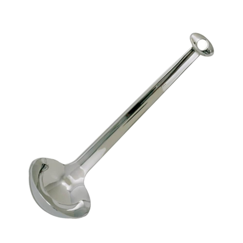 Compact stainless steel ladle with a short handle featuring a small hanging hole, perfect for serving gravies, soups, and sauces in Kitchen & Food and Storage and Serving collections.
