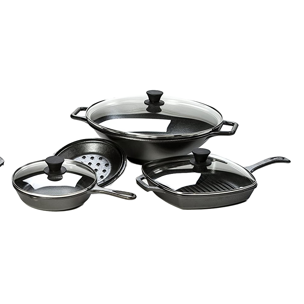 Assorted cast iron cookware featuring clear tempered glass lids with black heat-resistant knob handles, suitable for Kitchen & Food, Cookware, Cast Iron, Pots and Pans, Best Sellers, and Promo Eligible collections.