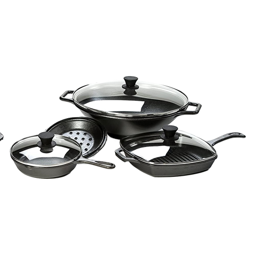 Assorted cast iron cookware featuring clear tempered glass lids with black heat-resistant knob handles, suitable for Kitchen & Food, Cookware, Cast Iron, Pots and Pans, Best Sellers, and Promo Eligible collections.