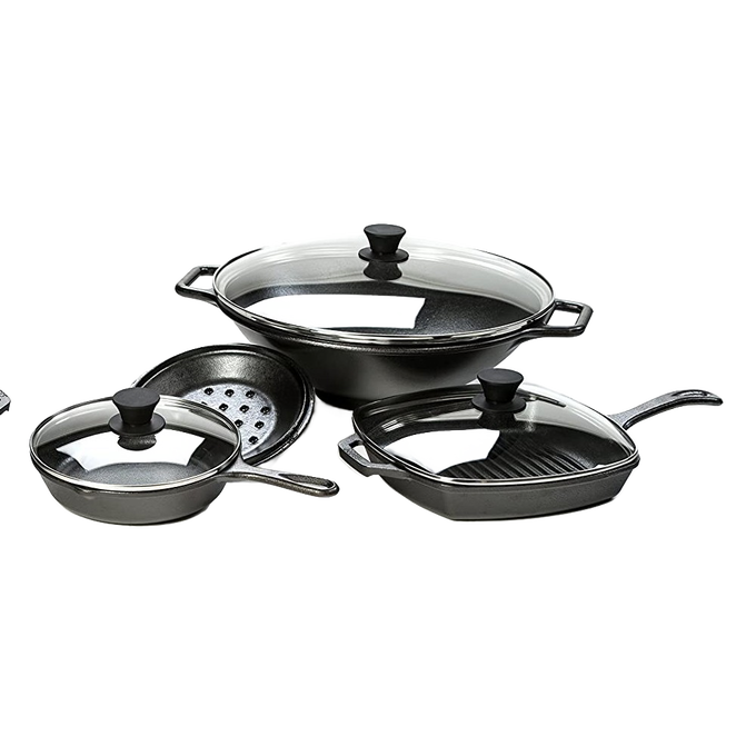 Assorted cast iron cookware featuring clear tempered glass lids with black heat-resistant knob handles, suitable for Kitchen & Food, Cookware, Cast Iron, Pots and Pans, Best Sellers, and Promo Eligible collections.