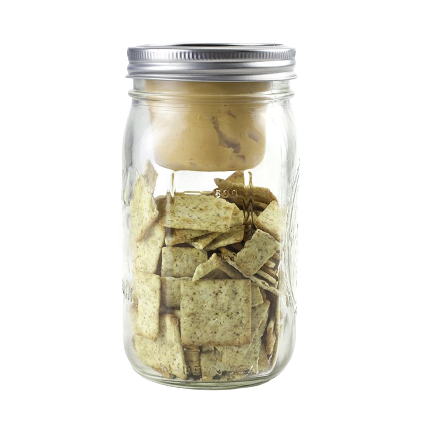 Clear wide-mouth jar featuring a handcrafted divider cup separating crackers and peanut butter, designed for Kitchen & Food, Kitchen Gadgets, Storage and Serving, and USA Made collections.