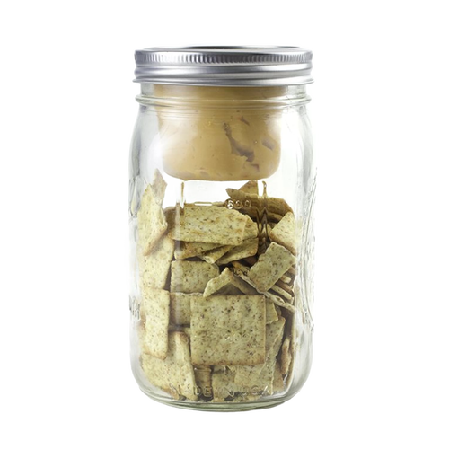 Clear wide-mouth jar featuring a handcrafted divider cup separating crackers and peanut butter, designed for Kitchen & Food, Kitchen Gadgets, Storage and Serving, and USA Made collections.