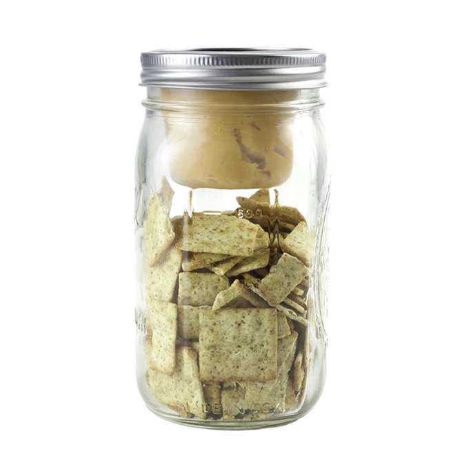Clear wide-mouth jar featuring a handcrafted divider cup separating crackers and peanut butter, designed for Kitchen & Food, Kitchen Gadgets, Storage and Serving, and USA Made collections.