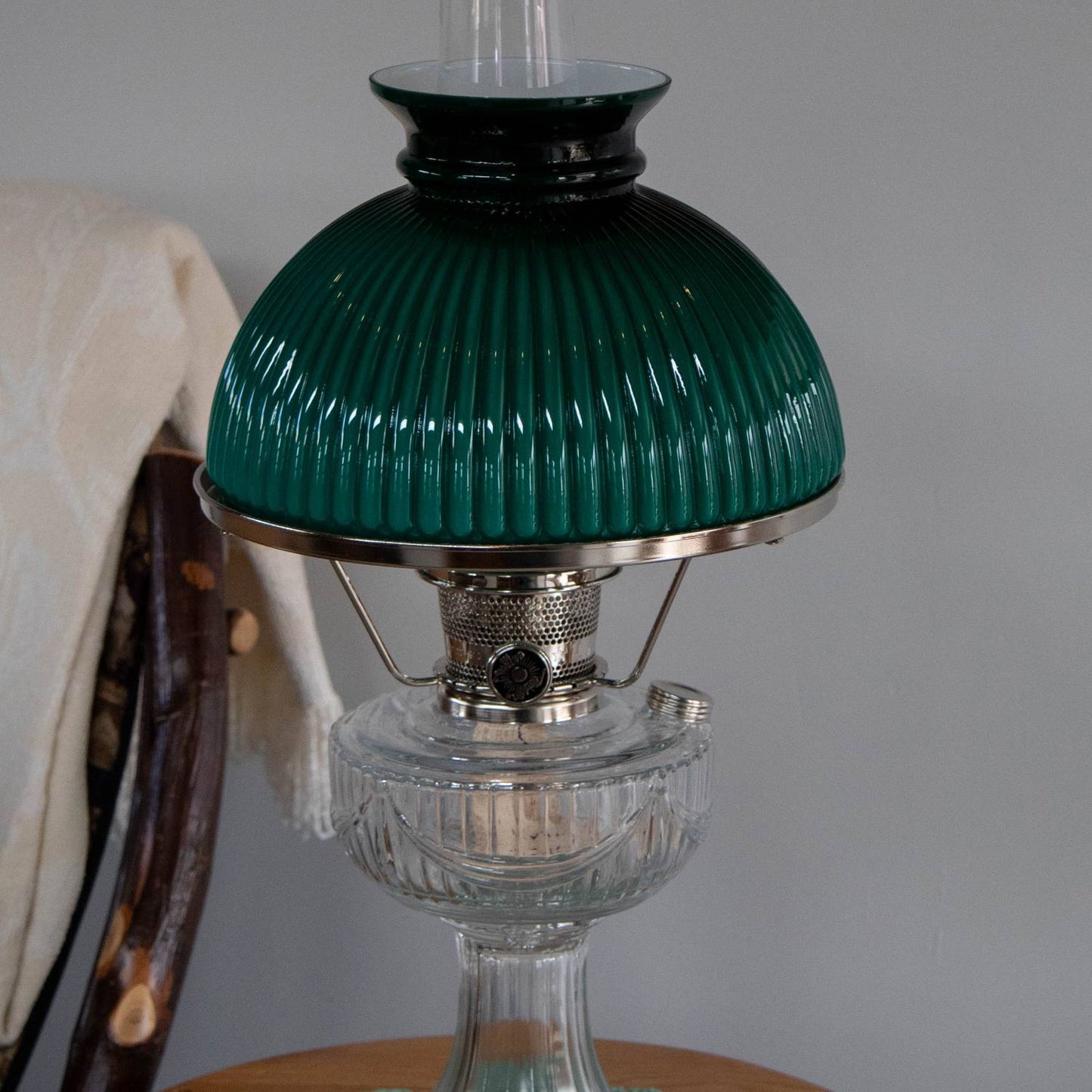Green ribbed glass oil lamp shade with a glossy finish, creating a warm, diffused light that enhances rustic charm in Farm, Garden & Tool, Lamps & Lighting, and Homesteading collections.